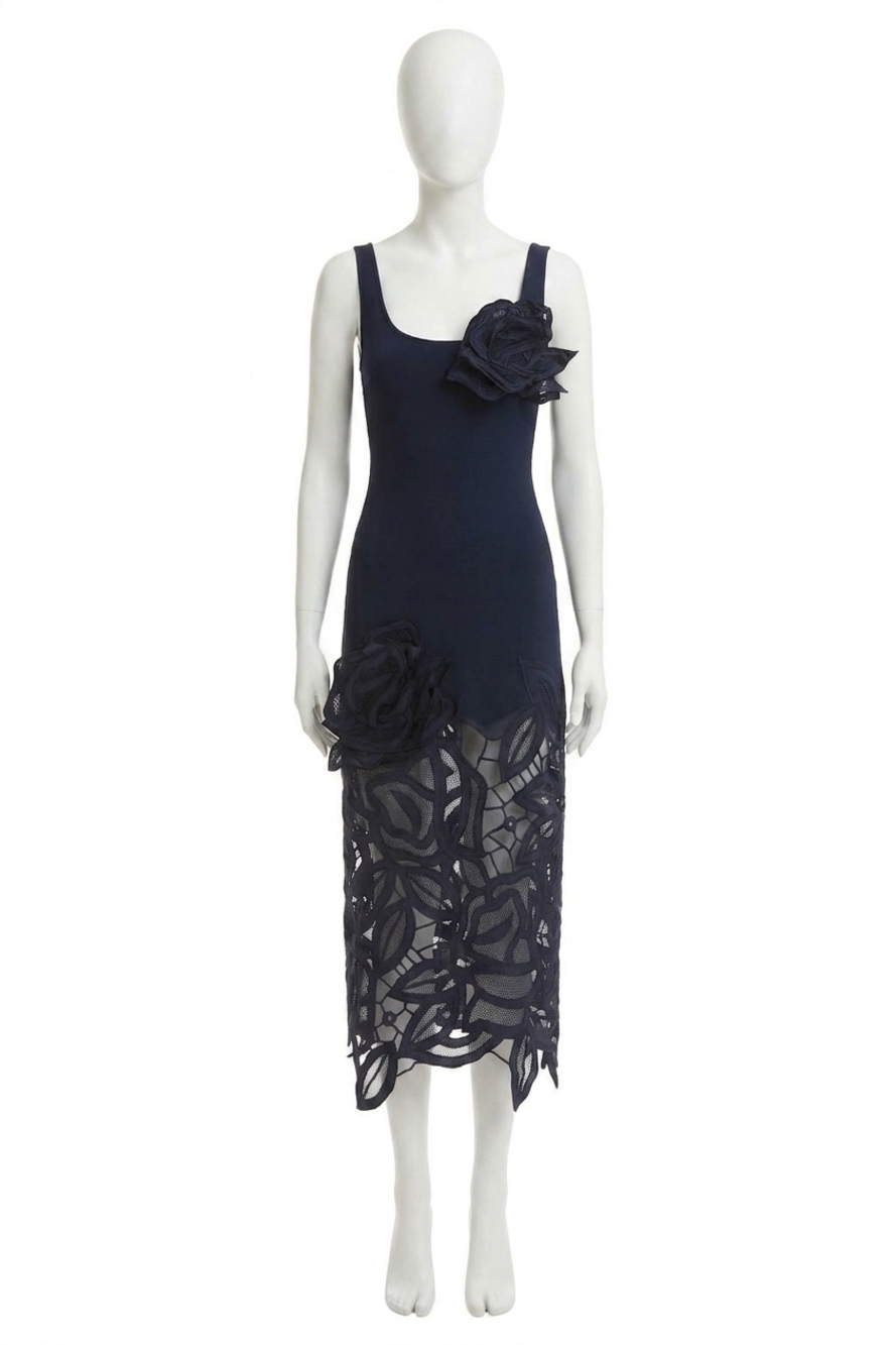 NEW OSCAR DE LA RENTA rose guipure long knit dress in navy